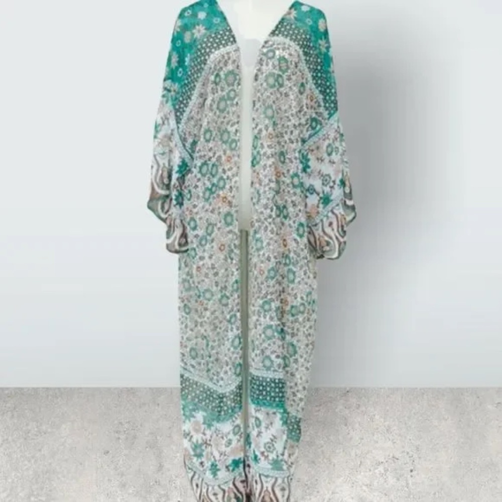 New Retro Vintage Floral Sheer Chiffon Kimono Gypsy Robe Duster beach coverup - Picture 4 of 5